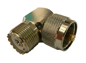 Right-angle UHF male PL-259 to UHF female SO-239 intra-series coaxial adaptor, 50 Ohms – nickel plated